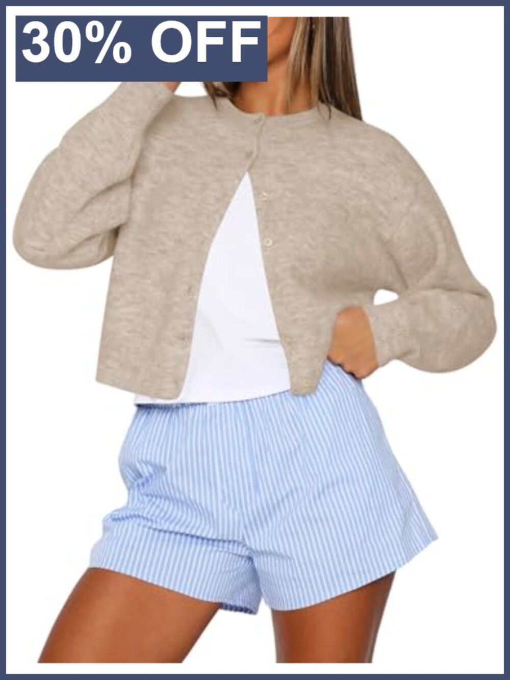 Cropped Cardigan Sweater Crew Neck Long Sleeve Button Up Lightweight Knit